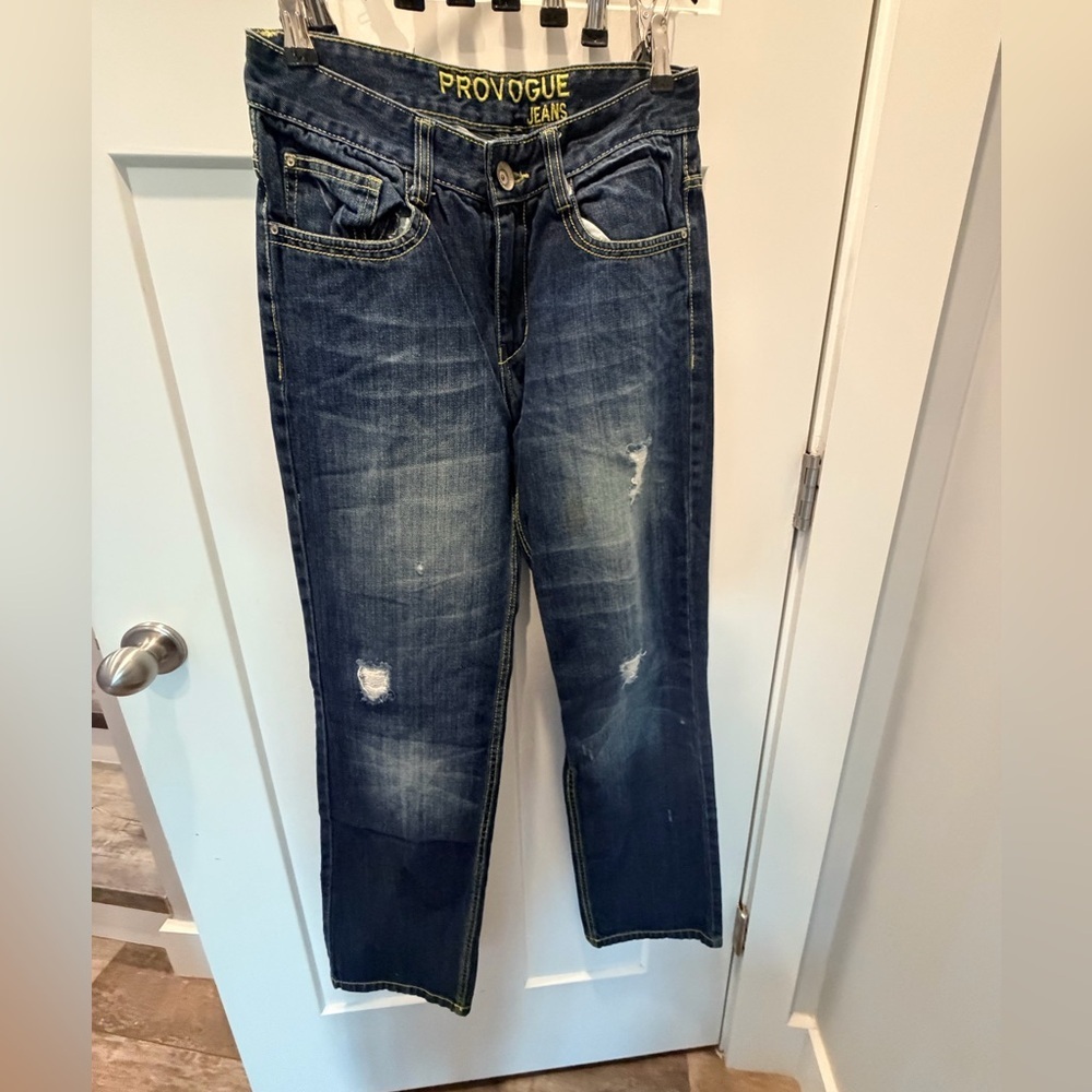 Provogue Jeans Womens 32 Blue Distressed Straight Leg Denim Mid Rise